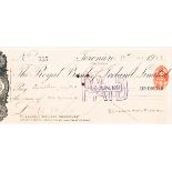 Pádraig Pearse signed cheque, 1913 (June 11) payable to Dublin United Tramways. A Royal Bank of