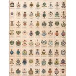 Circa 1920 Cigarette silks of regimental badges. A sheet of 72 cigarette silks with colour