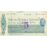 1920 (25 May). Terence MacSwiney signed cheque. 1920 Munster + Leinster Bank paid cheque for £1