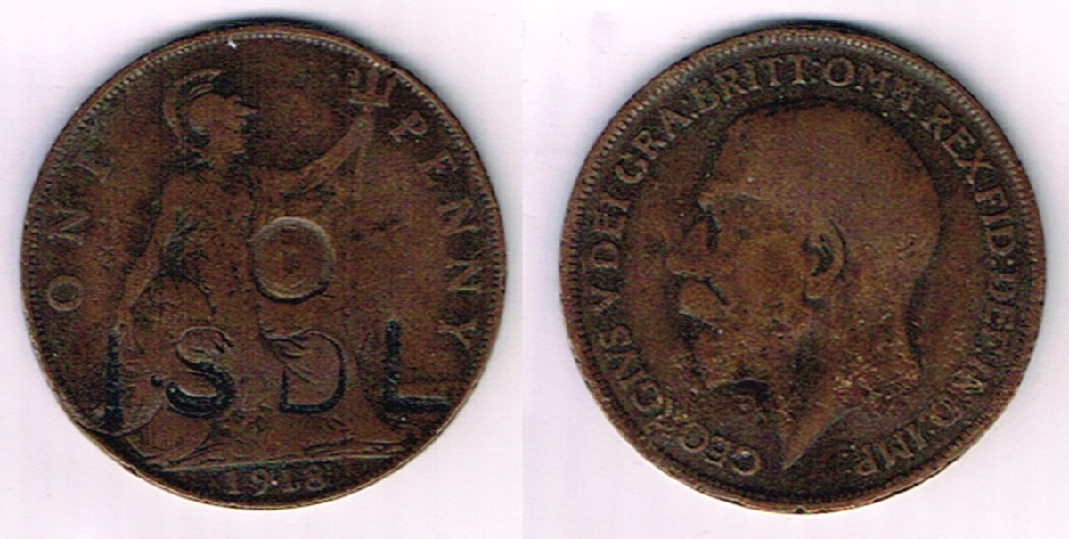 An Irish Self Determination League counter marked penny. A 1918 penny coin, die-stamped ISDL";