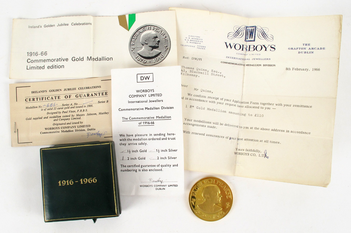 1966 Padraig Pearse Gold commemorative medallion by Vincze. A cased 4oz 22-carat gold