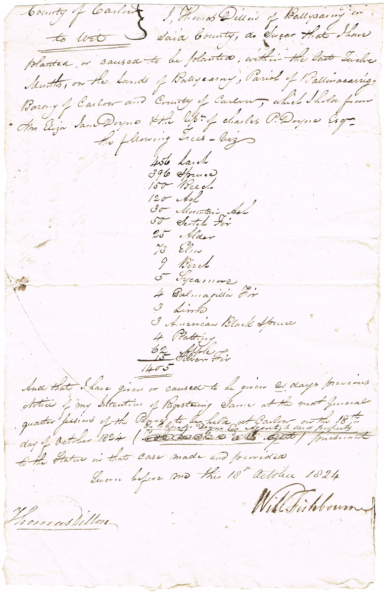 1821 - 1829, Carlow, reforestation scheme. Collection of 28 notifications for planting of trees.