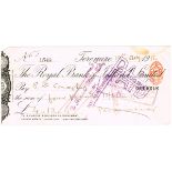 Padraig Pearse signed cheque, 18 August 1914. Royal Bank of Ireland cheque to P. D. Conroy Esq., for