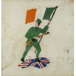 1916 Irish Volunteer, needlework panel A linen panel embroidered with an Irish Volunteer raising the