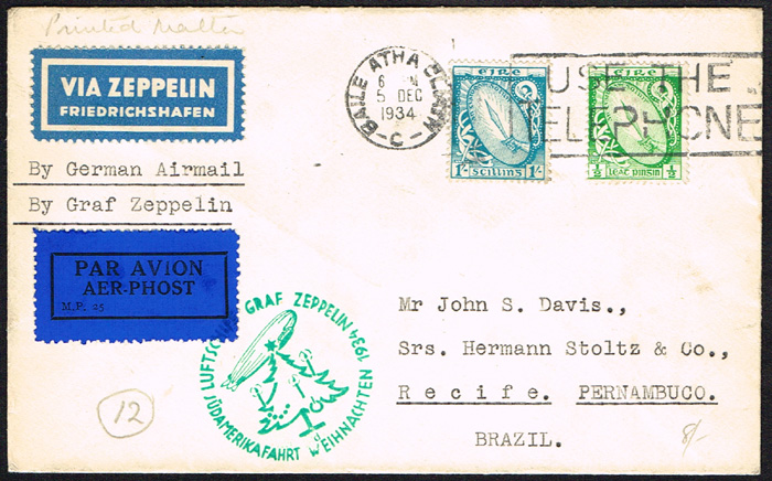 Ireland. 1934 covers by German airmail to Brazil and Gambia including Zeppelin flights. 1934 (5