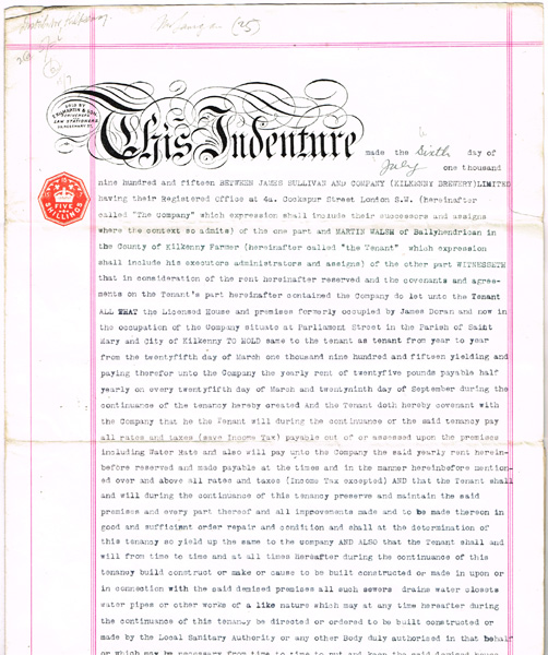 1915 (July 6) Kilkenny Brewery Indenture. A three-page type-written tenancy agreement between