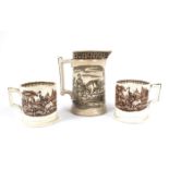 1870s Pair of Irish transfer printed pottery mugs and a jug. The mugs possibly Belleek, the inner