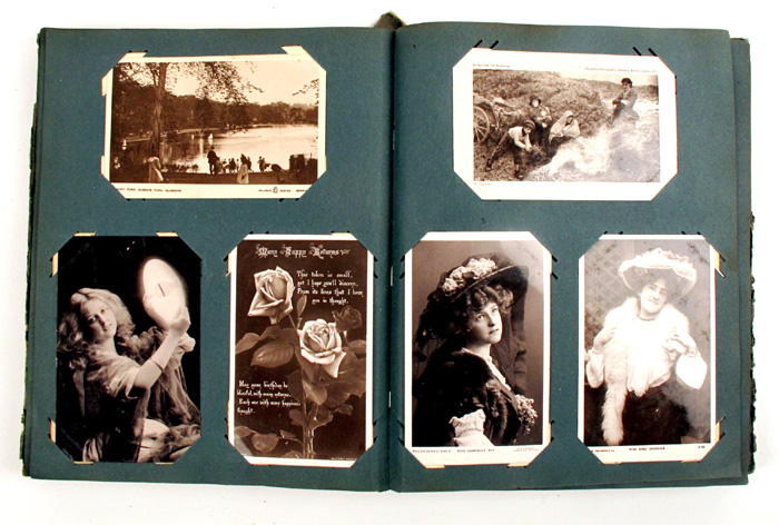 Album of picture postcards. Including Music Hall actresses, comic, cats, flowers, greetings, some