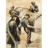 William Conor OBE RHA RUA ROI (1881-1968) MEN BEATING LAMBEG DRUMS pastel on paper signed upper left