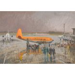 Patrick Leonard HRHA (1918-2005) VISCOUNT OF CAMBRIAN AIRWAYS, DUBLIN AIRPORT, AUGUST, 1973 oil on