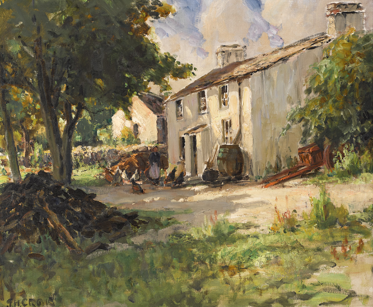 James Humbert Craig RHA RUA (1877-1944) FARMHOUSE, WOMAN AND HENS oil on canvas signed lower left;