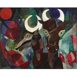 Basil Ivan Rákóczi (1908-1979) NOCTURNAL SCENE WITH GOATS AND BIRDS oil on board signed lower