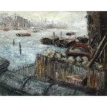 George Campbell RHA (1917-1979) CHELSEA FROM BATTERSEA BRIDGE oil on board signed lower left; with