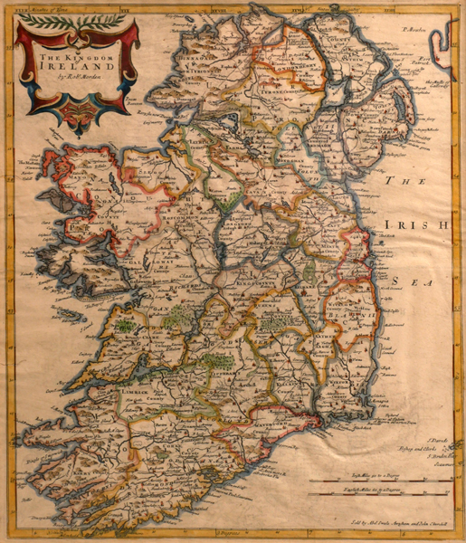 17th century map, Robert Morden, The Kingdom of Ireland. 1695, early colouring. Framed. 17 x 14½