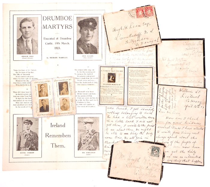 1923 Drumboe Massacre, letters and ephemera. Two letters (April 7th and 16th) from relatives of