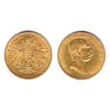 Austria. Gold twenty coronas 1893, ten coronas 1909, one ducat 1915. Fine to good very fine. (3)