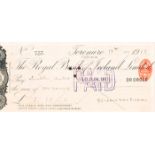 Pádraig Pearse signed cheque, 1913 (June 11) payable to Dublin United Tramways. A Royal Bank of