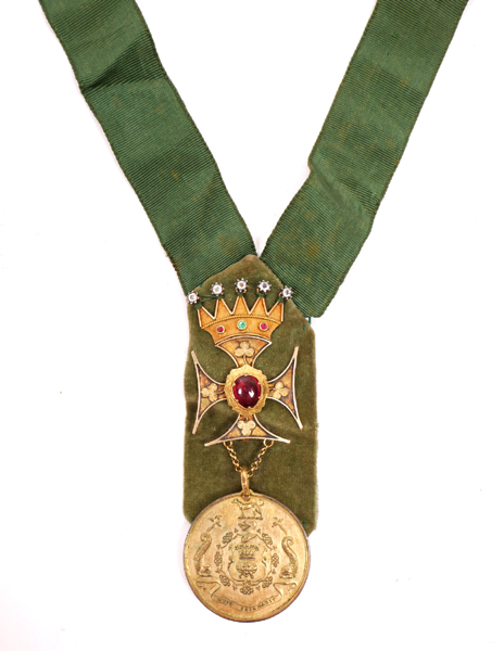 Friendly Brothers of St. Patrick, jewel. A fine 19th Century gilt metal Medal, with jeweled crown