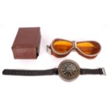 1939-1945 German Third Reich, Luftwaffe goggles and compass. A pair of Luftwaffe leather and