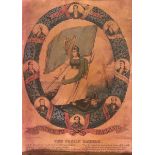 1866 The Fenian Banner, print. A 19th century coloured engraving depicting Erin as a warrior, a