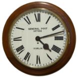 1916 GPO Dublin, wall clock. A mahogany, roundhead cased, 8-day, pendulum and fusee, commercial