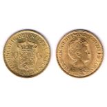 Netherlands. Wilhemina gold ten guilders, 1913 and 1932. About extremely fine. (2)