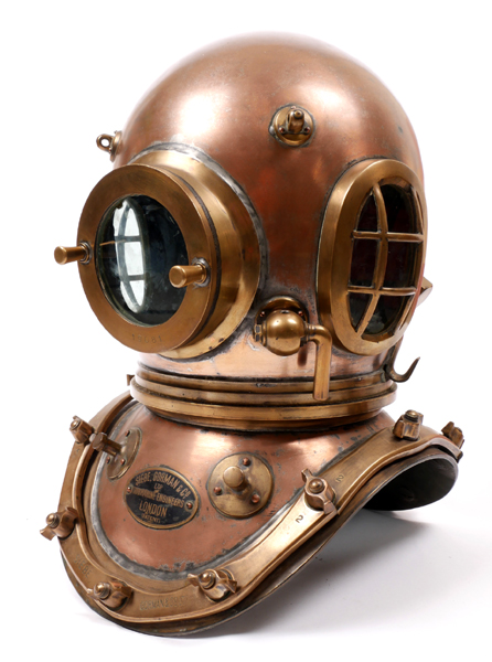 A Siebe Gorman twelve-bolt copper and brass diving helmet. A 12-bolt diving helmet by Siebe Gorman &