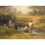 Frank McKelvey RHA RUA (1895-1974) BOYS FISHING oil on canvas signed lower left; titled and with