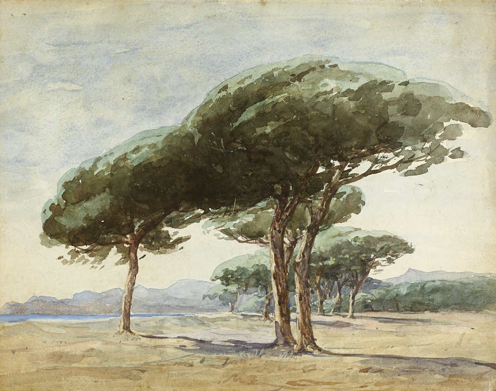 Nathaniel Hone RHA (1831-1917) STONE PINES watercolour inscribed on Dawson Gallery label on