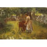 Walter Frederick Osborne RHA ROI (1859-1903) GIRL FEEDING CALVES oil on canvas laid on board 9½ x