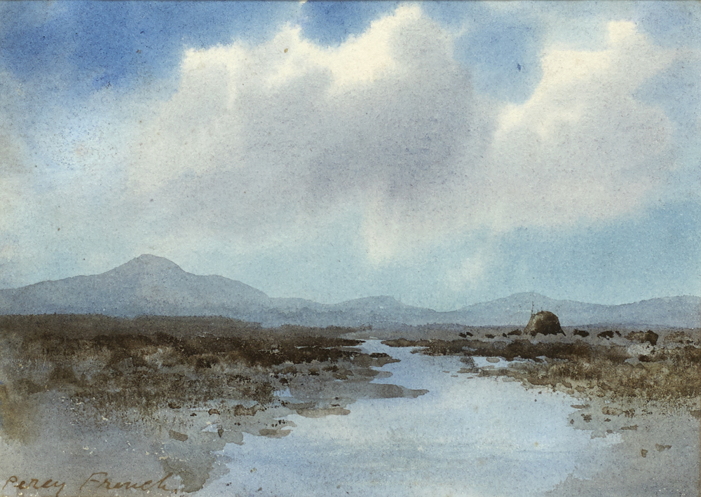 William Percy French (1854-1920) BOG LAKE WITH TURF STACK watercolour signed lower left 4¾ x 6½