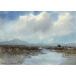 William Percy French (1854-1920) BOG LAKE WITH TURF STACK watercolour signed lower left 4¾ x 6½