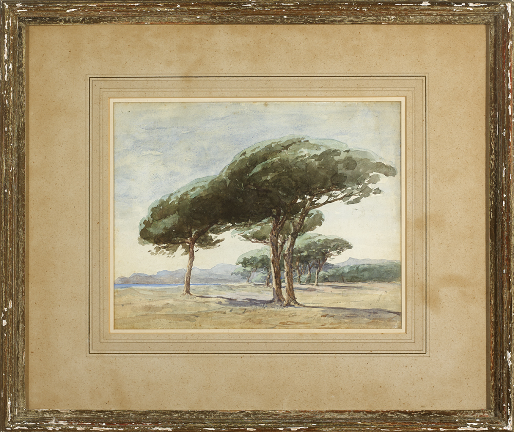 Nathaniel Hone RHA (1831-1917) STONE PINES watercolour inscribed on Dawson Gallery label on - Image 2 of 2