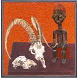 Brian Bourke HRHA (b.1936) SHEEP SKULL, GOAT SKULL, AFRICAN CARVING oil on canvas signed and