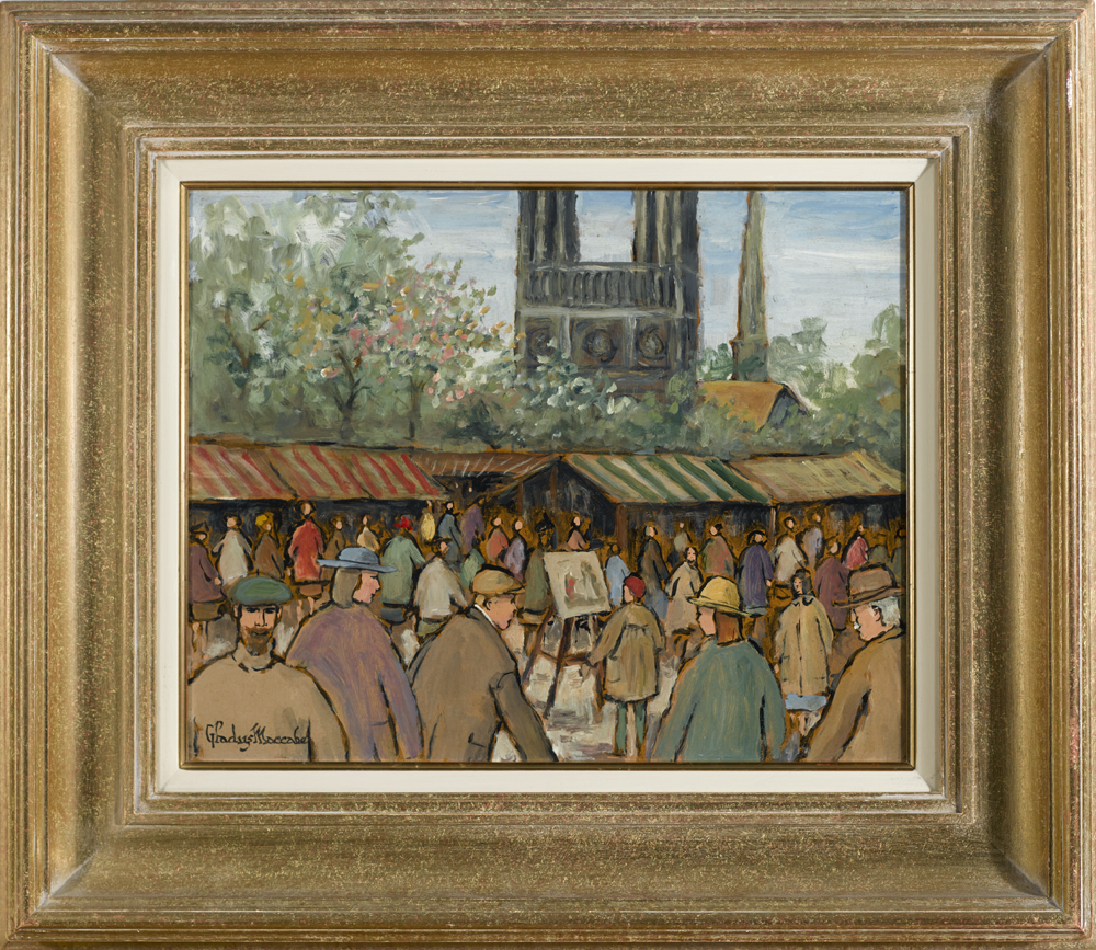 Gladys Maccabe HRUA ROI FRSA (b.1918) NOTRE DAME AND STALLS AT THE SEINE, PARIS oil on board - Image 2 of 2