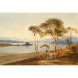 Andrew Nicholl RHA (1804-1886) ROSS CASTLE WITH FEMALE FIGURE IN FOREGROUND, KILLARNEY, COUNTY KERRY