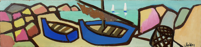 Markey Robinson (1918-1999) BLUE BOATS oil on panel signed lower right; signed and titled on reverse