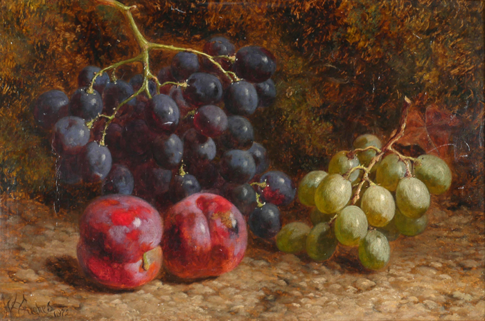 William Hughes (1842-1901) STILL LIFE WITH NECTARINES AND GRAPES, 1874 oil on canvas signed and