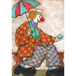 Gladys Maccabe HRUA ROI FRSA (b.1918) CLOWN WITH UMBRELLA oil on board signed lower left 12½ x 8¾in.