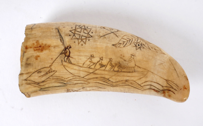 Sailor's scrimshaw. A sailor's scrimshaw whale's tooth, one side decorated with a two-masted ship - Image 2 of 2