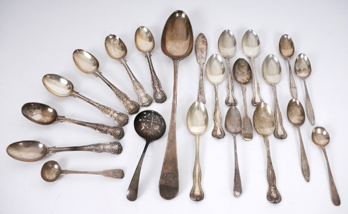 Georgian and Victorian silver spoons. A George III silver basting spoon, London, 1791; a set of