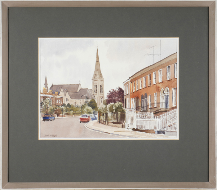 Tom Nisbet RHA (1909-2001) UPPER LEESON STREET, DUBLIN watercolour signed lower left; signed and - Image 2 of 2