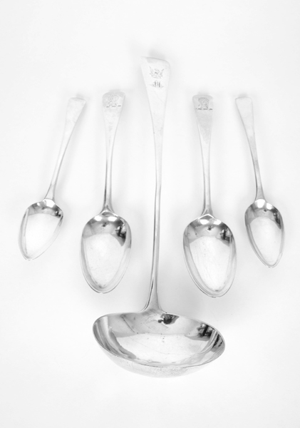 Georgian silver, a soup ladle and two pairs of spoons. A George III taper-handle soup-ladle, London,