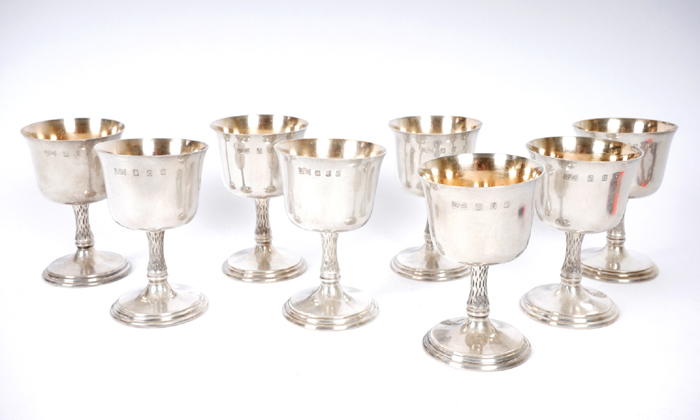 1979 Irish silver goblets. A set of eight Irish silver wine goblets, the flared rim and plain