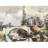 Tom Nisbet RHA (1909-2001) LANDSCAPE WITH RIVER AND BRIDGE watercolour signed lower left 10¾ x 14½