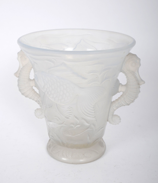 1930s Barolac, Seahorse vase An opalescent, blue-tinted, moulded glass vase, relief decorated with