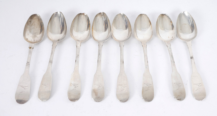 Georgian Irish silver teaspoons. A set of eight Irish silver fiddle pattern rat-tail teaspoons,