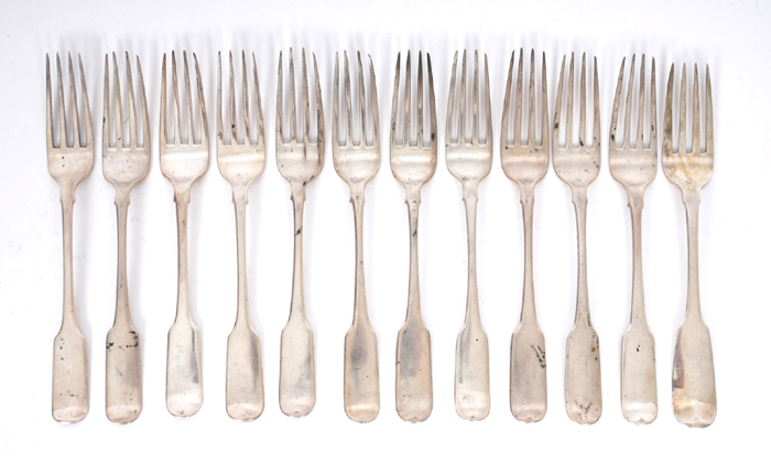 Irish silver side forks, twelve. A matched set of twelve Irish silver fiddle-pattern side forks 1816