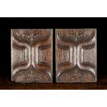 A Fine Pair of Early 16th Century Oak Panels carved with enriched parchemin and having red paint to