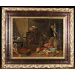 An Oil on Canvas: Kitchen Interior with dogs and a monkey running amok,